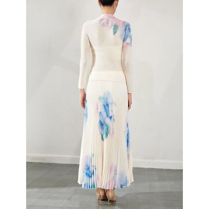 Fashionable Two-Piece Suit Dress Women's Early Autumn New Style Slimming Ruffles Printed Top Half-Length Dress