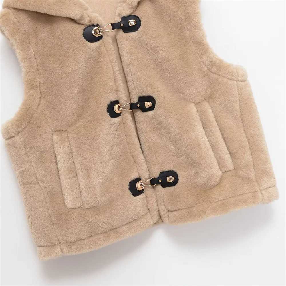 Autumn and winter new womens casual pocket hooded sleeveless rope buckle decoration fleece vest jacketT251128