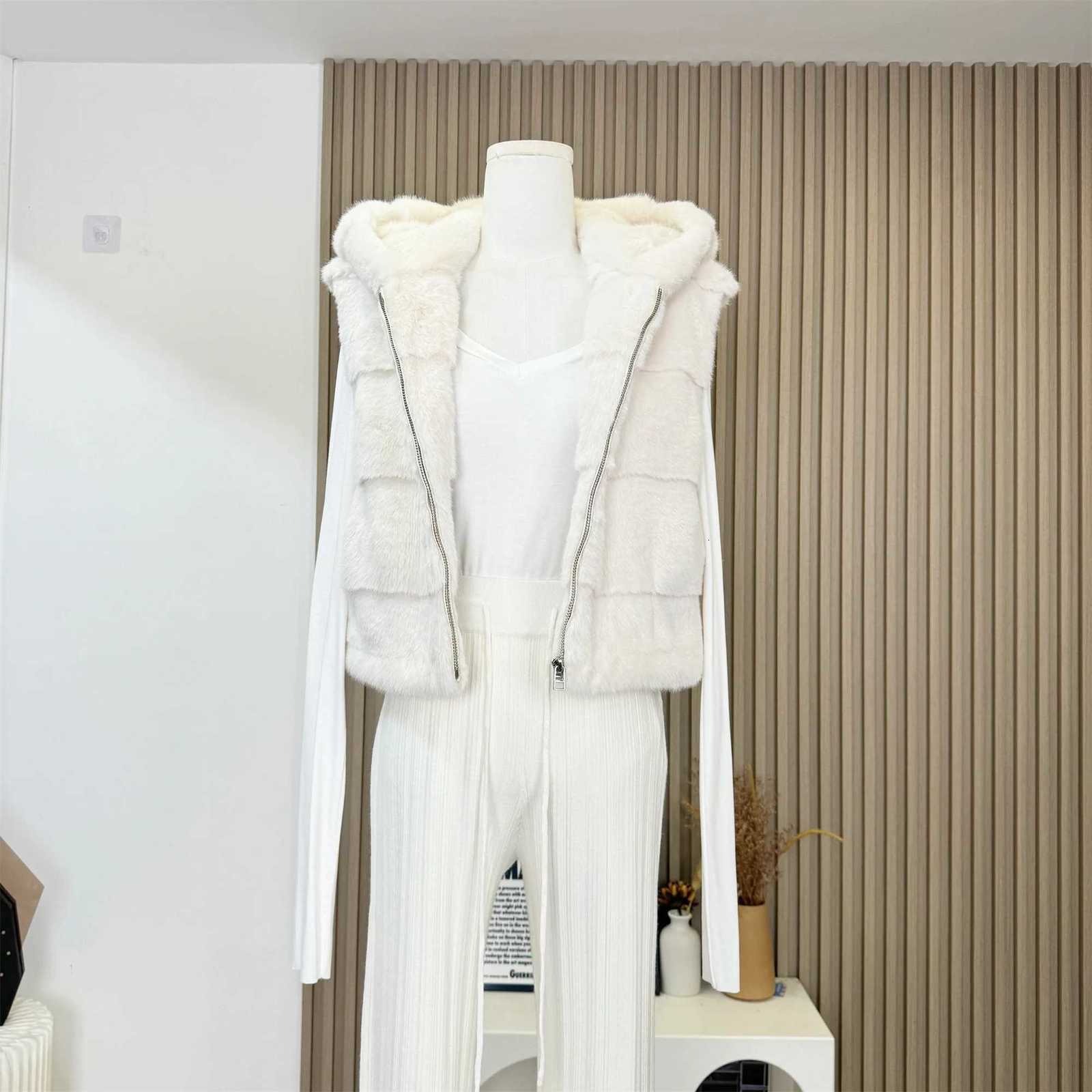 Womens Chic Hooded Faux Mink Hair Zipper Vest Coat Lady Autumn Winter Solid Color Sleeveless Faux Fur Warm Vest Outwear TopT251128