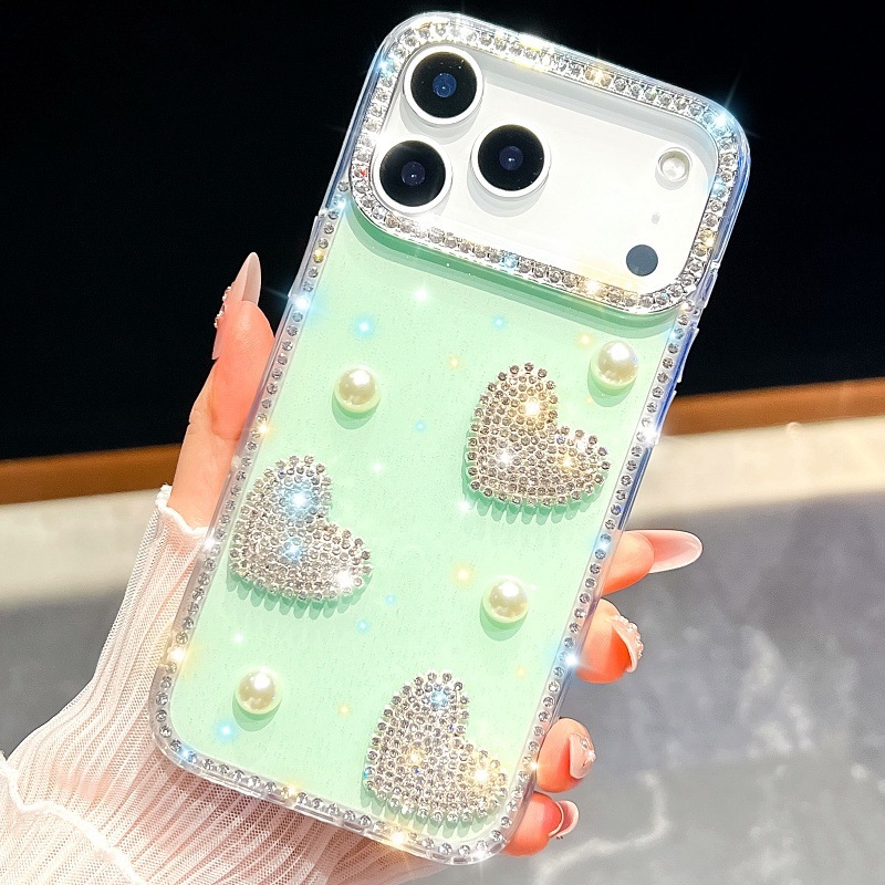 Sparkling Diamond Rhinestone Heart Phone Case iPhone 17 Pro Max Compatible with Apple 16/15 Pro Girly Style Trendy