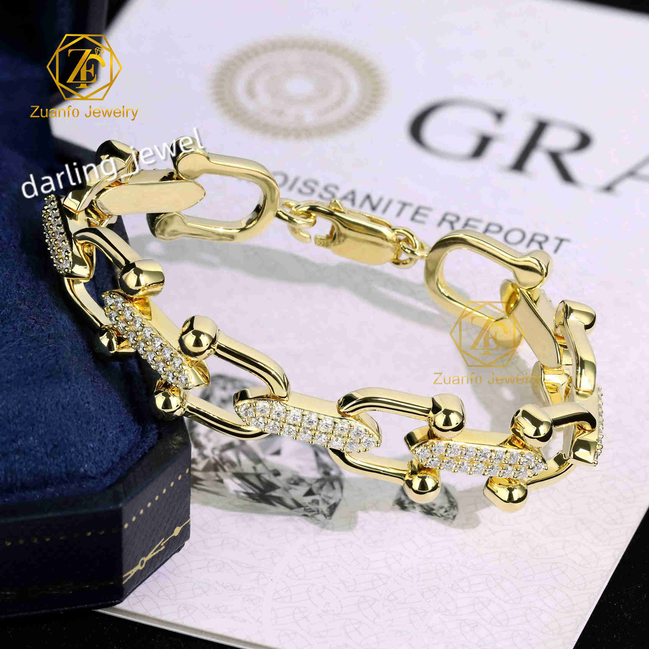 Luxury Jewelry S925 18K Yellow Gold Plated 6.5inches Moissanite U-Shape Link Bracelet for Women