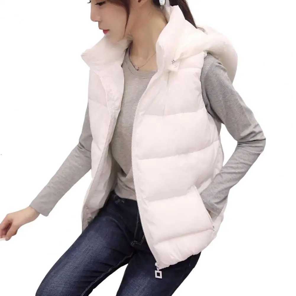 Women Sleeveless Pocket Hooded Vest Coats Winter Solid Color Warm Cotton Padded Hooded Jackets Waistcoat FemaleT251128