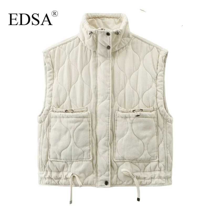 EDSA Women Pocket Cotton Jacket Vest Sleeveless Stand Neck Zipper Waistcoat Loose Female StreetwearT251128