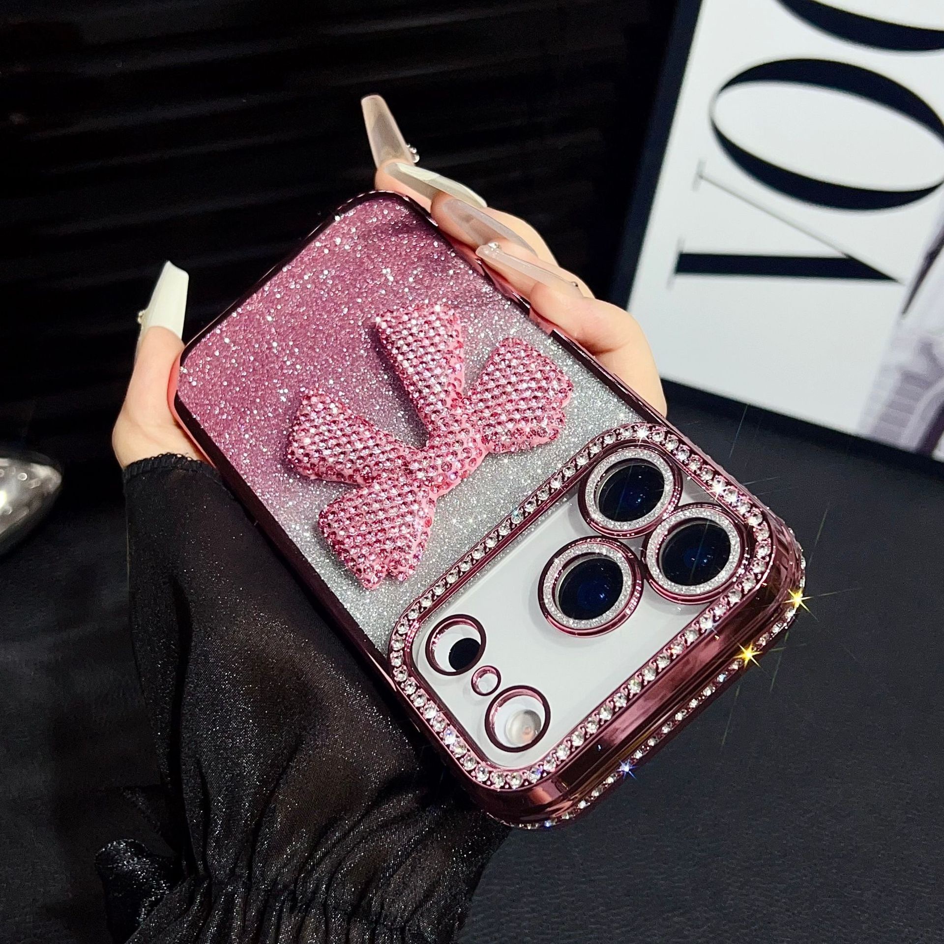 Electroplated 3D Rhinestone Bowknot Phone Case iPhone 17 Pro Max Compatible with Apple 16/15 Gradient Glitter Paper Protective Case