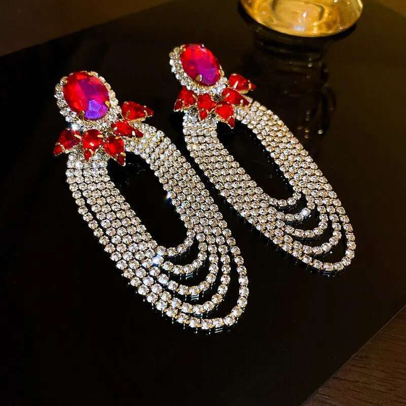 Exaggerated Full Rhinestone Drop Earrings Women Shiny Long Tassel Earings Europe And American Jewelry For Party Wedding