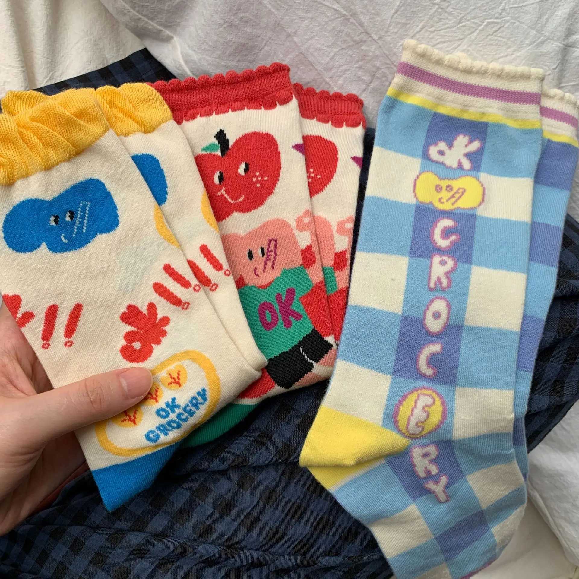 Women Little Tomato Socks Female Korean Mid-tube Ins JK Girls Cute Kawaii Cartoon All-season Casual Comfortable Cotton Socks J251128