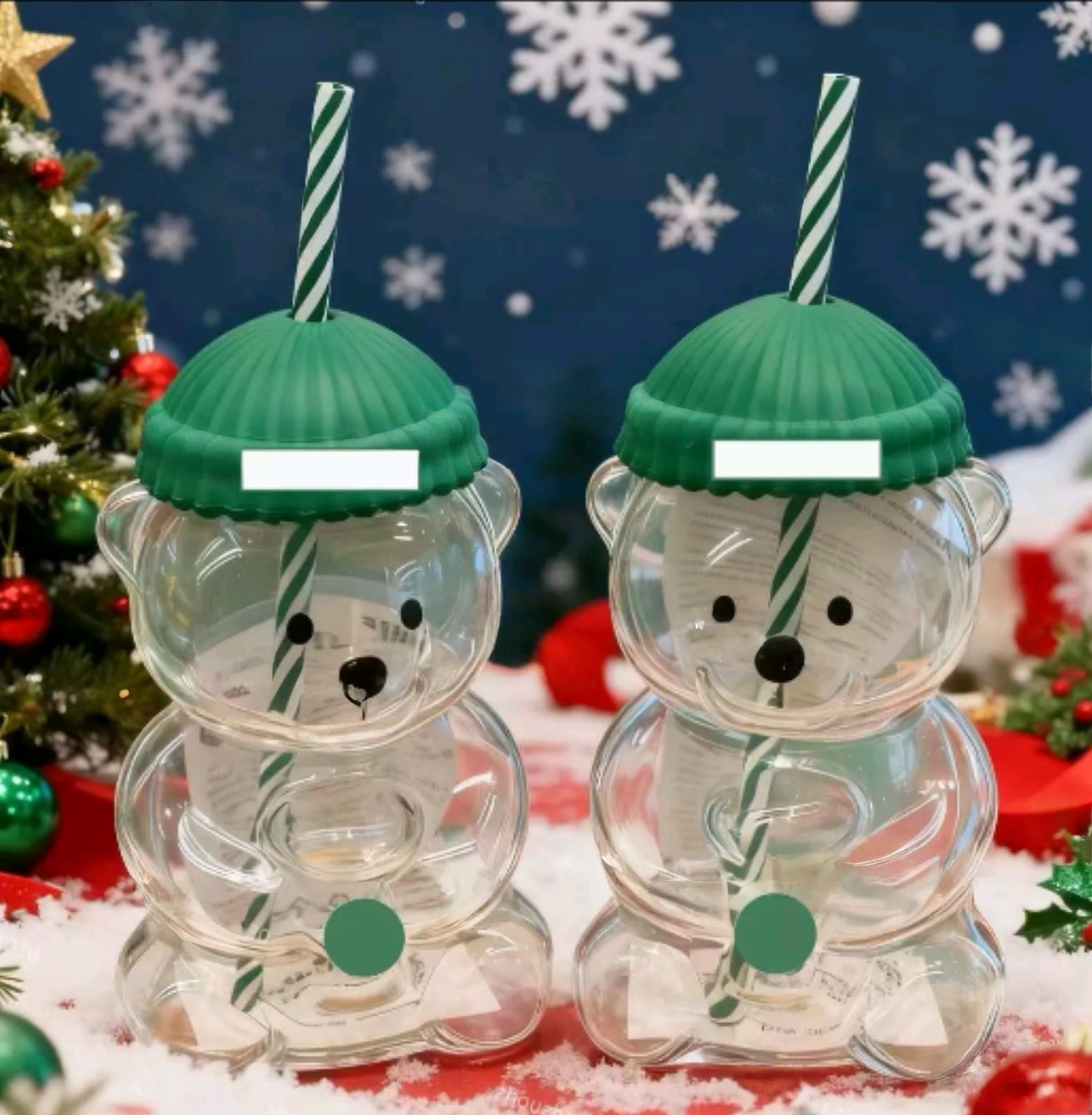 US Warehouse 20oz Glass Bear Cup With Straw Cute Transparent Tumbler With Hat For Iced Coffee Cold Drink Christmas Mugs New Year Gift Bearista Limited Edition Cups