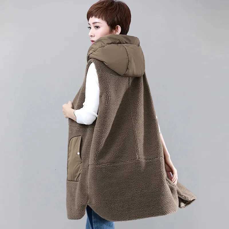 Imitation Lambwool Vest With Cotton Thick Warm Sleeveless Jacket Women Long Hooded Waistcoat Fashion Casual Vest Large Size 4XLT251128