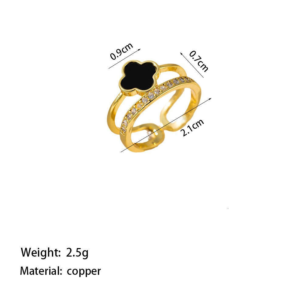 Black Double layered Clover Open Ring, Women's Light Luxury Super Flash 2025 New Style, Versatile Index Finger Ring with box