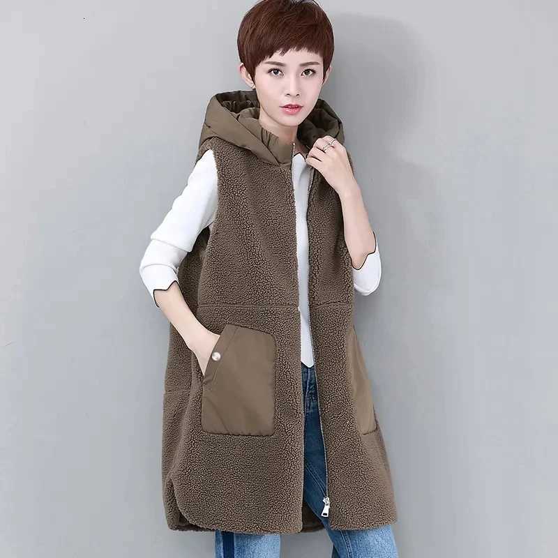 Imitation Lambwool Vest With Cotton Thick Warm Sleeveless Jacket Women Long Hooded Waistcoat Fashion Casual Vest Large Size 4XLT251128