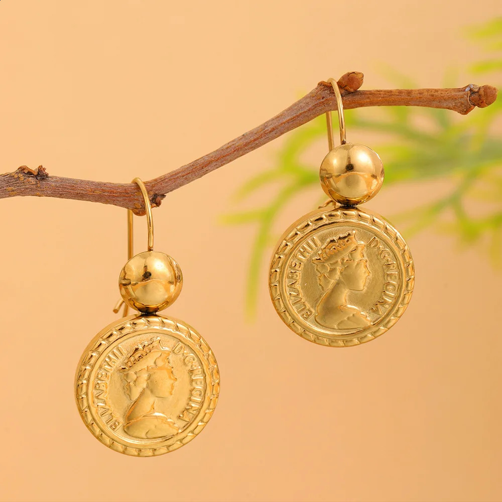 Round Queen Head Gold Coin Drop Earrings Gold Color Stainless Steel Earring For Women Fashion Jewelry Accessories 250427