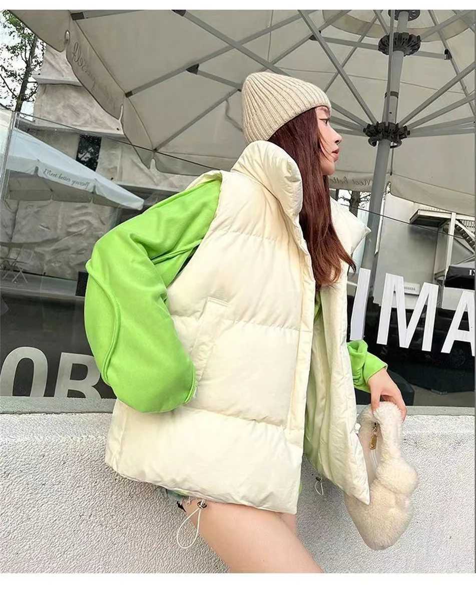 Women Fashion Autumn New 2024 Stand Collar Elegant Down Coats Warm Outerwear Casual Belt Sleeveless Winter Women Vests JacketsT251128