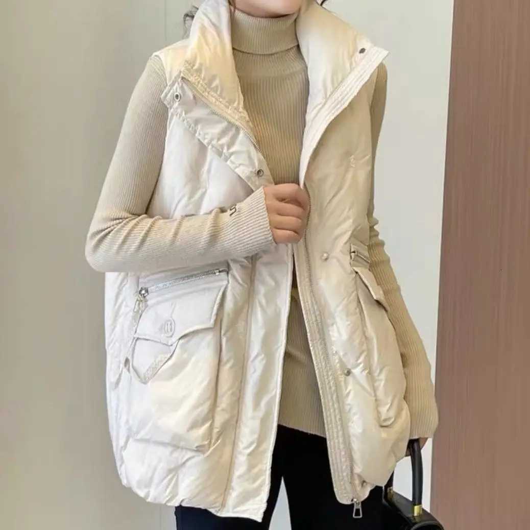 2025 Autumn Winter Women Solid Loose Vest Drawstring Stand Collar Short Jacket Cotton Padded Warm Waistcoat J21T251128