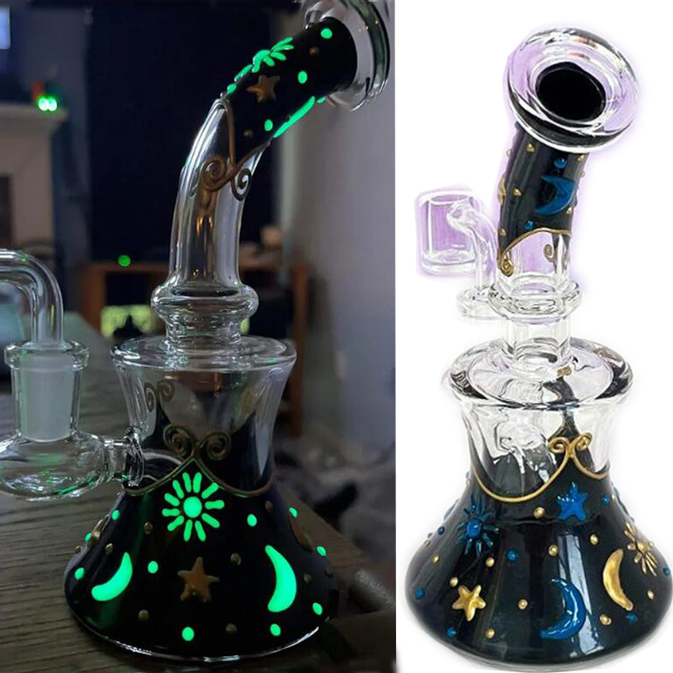 6.3 inchs Glow In The Dark Bongs Hookahs Small Oil Smoking Glass Water Pipes bubbler Small Beaker water bong with 14mm Joint
