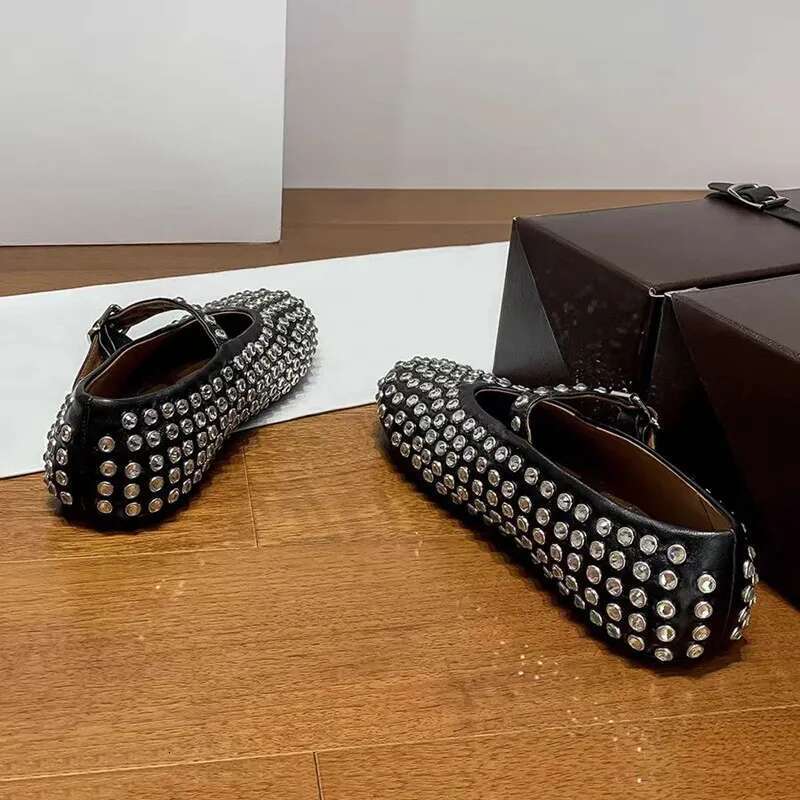 Round Headed Mesh Flat Bottomed Ballet shoes With A Button, Women's Rhinestone Rivets, Hollowed Out Mary Jane Single Shoe