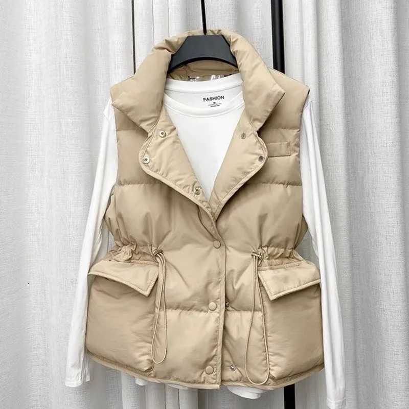 Parkas Women Vest Coats Thick Warm Sleeveless Turn Down Collar Drawstring Tight Waist Coat Single Breasted Autumn Winte CardiganT251128
