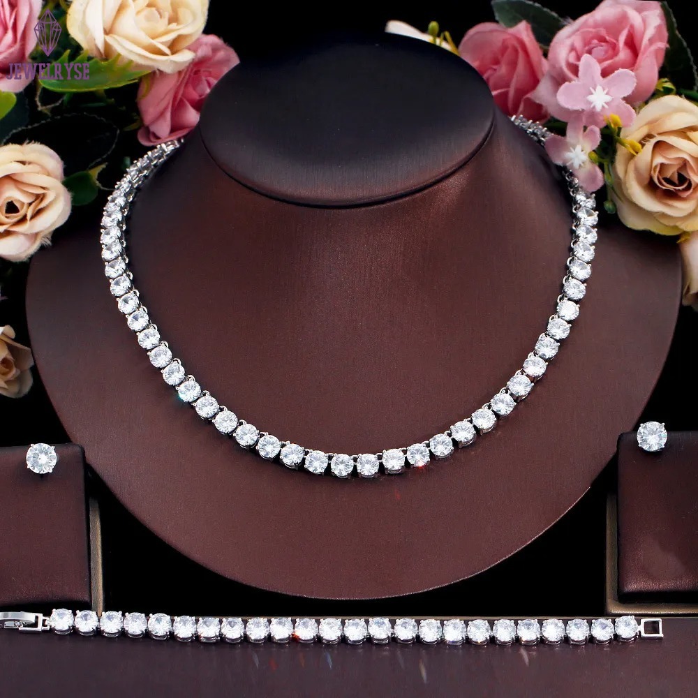 Top Sell Wedding Jewelry Sets Luxury Jewelry 18K White Gold Fill Round Cut White 5A Cubic Zircon CZ Diamond Stud Earring Tennis Bracelet Women Necklac