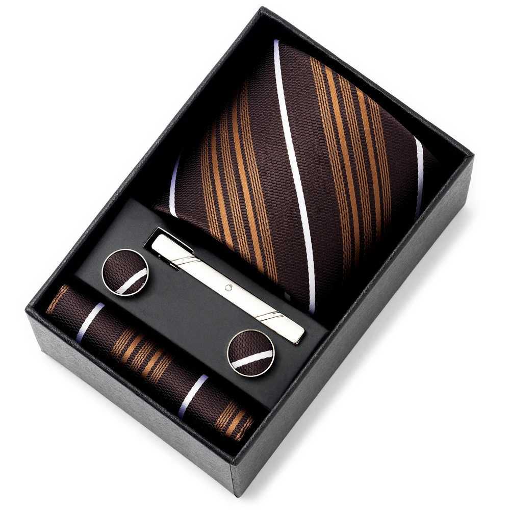 Newest Style Gift Box 8 cm Tie Handkerchief Cufflink Clip Set Men Blue Striped Wedding Gravata Suit Accessories Fit Workplace X251128
