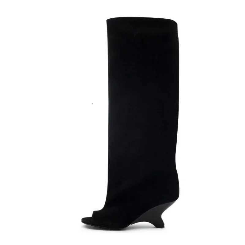 2025 Spring and Autumn Womens Fish Mouth Thick High Heels Knee Length Womens Boots Fashion Slope Heel Large Summer Cool Boots W251128