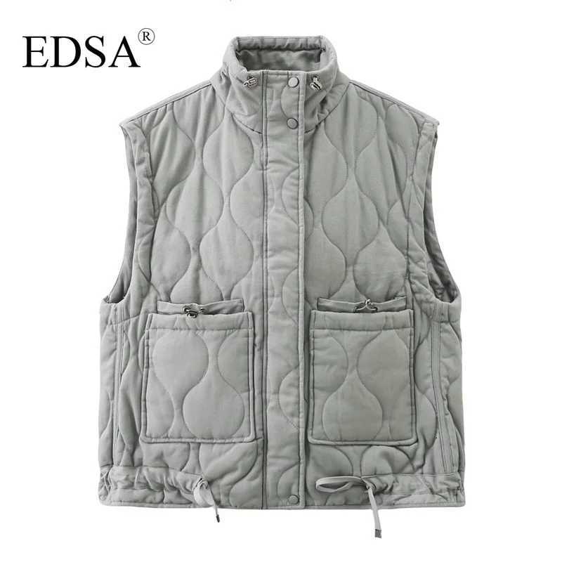 EDSA Women Pocket Cotton Jacket Vest Sleeveless Stand Neck Zipper Waistcoat Loose Female StreetwearT251128