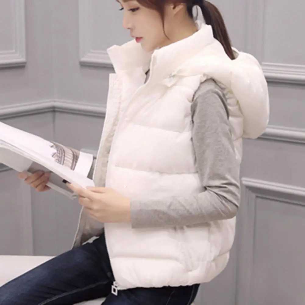 Sleeveless Stand Collar Slant Pockets Zipper Vest Overcoat Women Winter Removable Hat Warm Cotton Padded Waistcoat OuterwearT251128