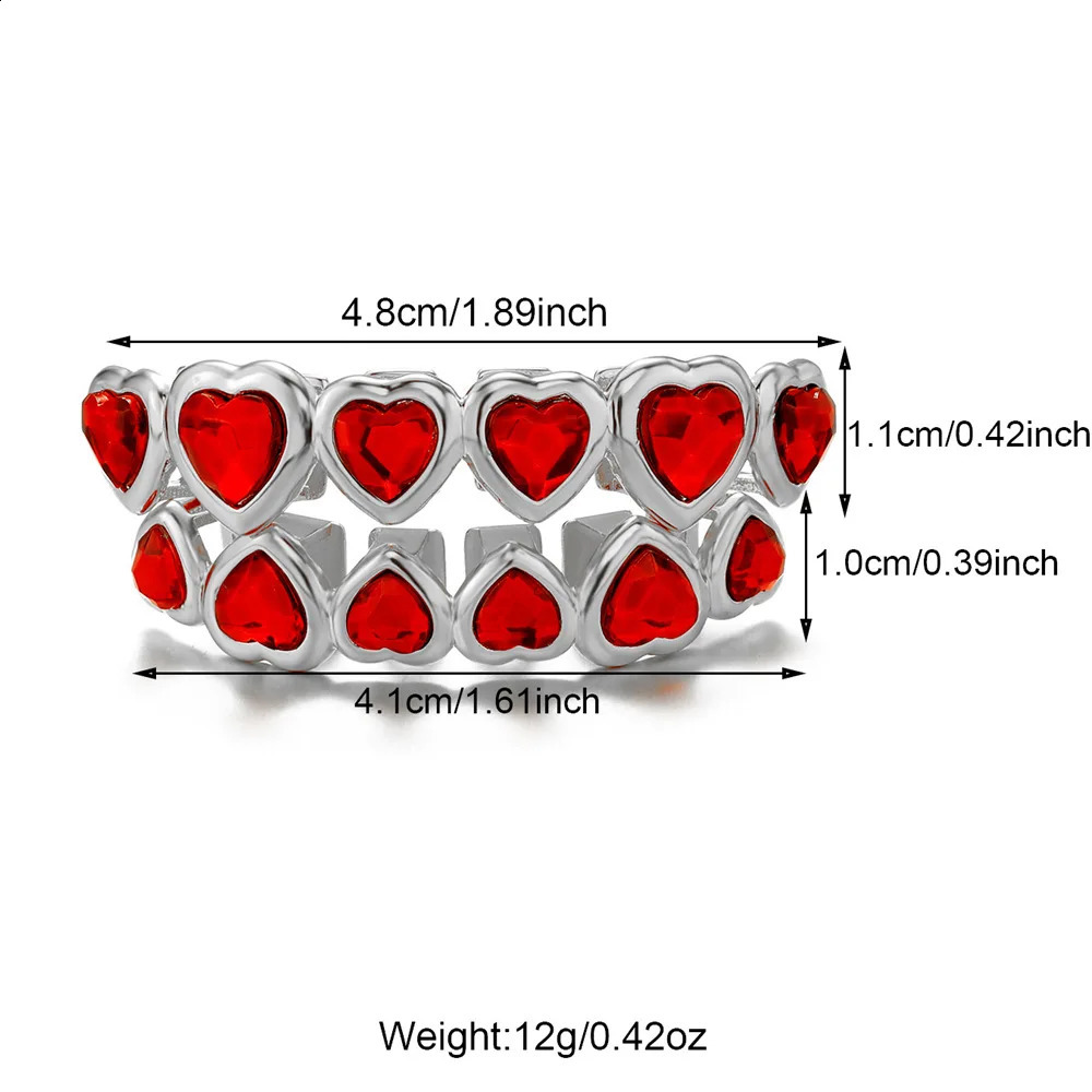 RACHELZ 6/6 Red Crystal Heart Tooth Caps For Women Men Jewelry Hip Hop Silver Color Green Zircon Teeth Dental Grills 250427
