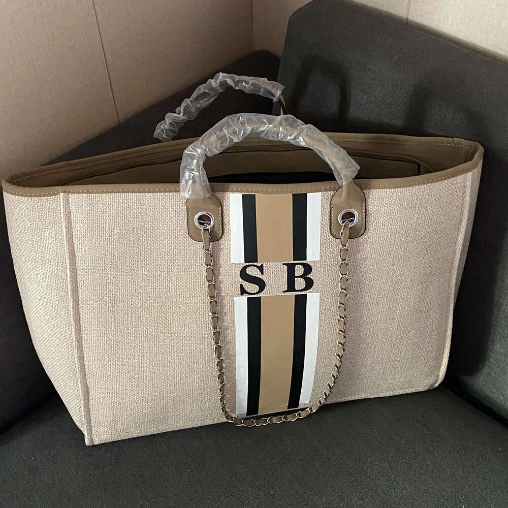 Personalized Monogram Customised Chain Handbag White Stripe Initials Beach Holiday Canvas Tote Bag Bride Gifts