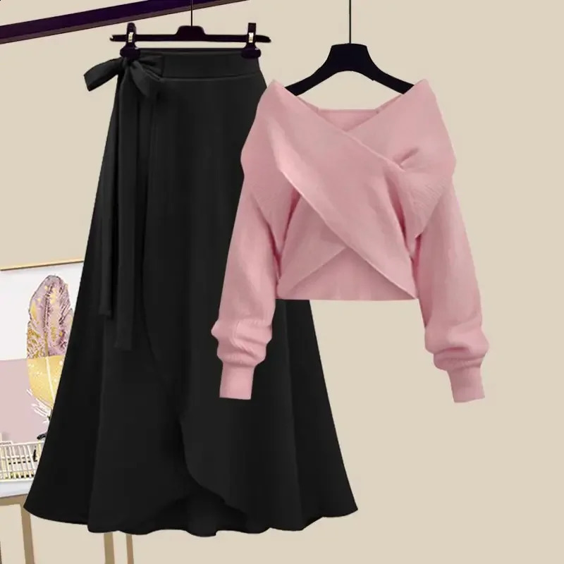 Fall Collection womens plus size Korean style weight loss cross sweater high waisted mini skirt two-piece set fashionable 250423