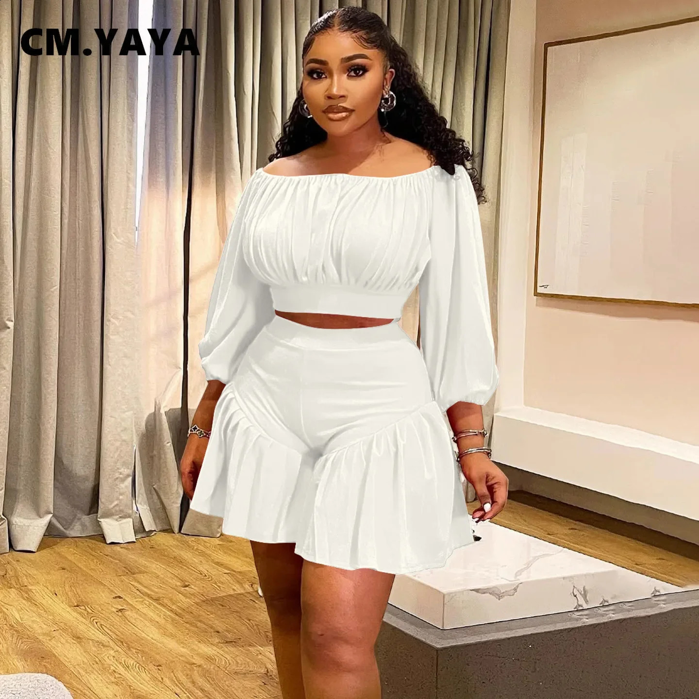 Plus Size Womens Set Long Sleeve Slash Neck T-Shirt and Shorts 2025 Summer Ruched Two 2 Piece Set Outfits Tracksuit 250428