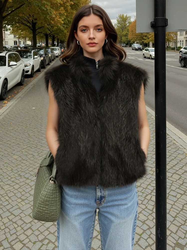 HH 2025 Elegant Women Sleeveless Faux Fur Effect Warm Waistcoat High Collar Zipper Vest Autumn Winter Office Lady OuterwearT251128