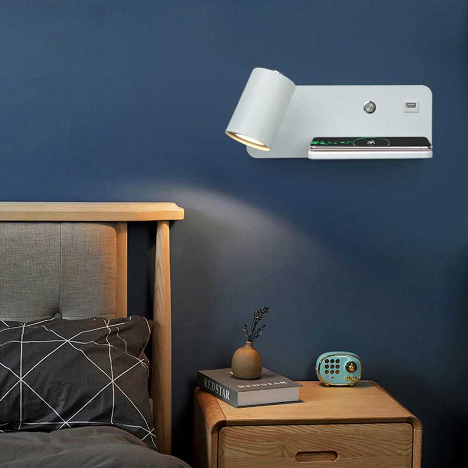 Indoor LED Wall Lamp USB And Wireless Charging Wall Light For Home Bedroom Bedside Nordic Sconce 5W GU10 Bulb Lights AC110V/220V M251128