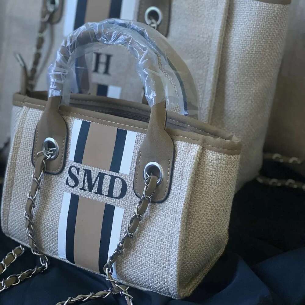 Personalized Monogram Customised Chain Handbag White Stripe Initials Beach Holiday Canvas Tote Bag Bride Gifts
