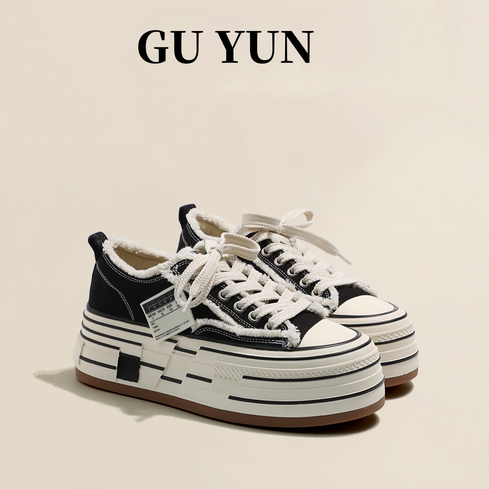 Women's off-white platform canvas shoes with increased height new spring style chunky heel distressed shoes casual sneakers