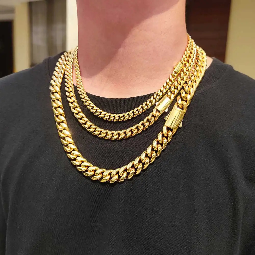 High Quality Width 8-14mm Stainless Steel Gold Color Cuban Chain Waterproof Men woman Curb Link Necklace Various Sizes 250427