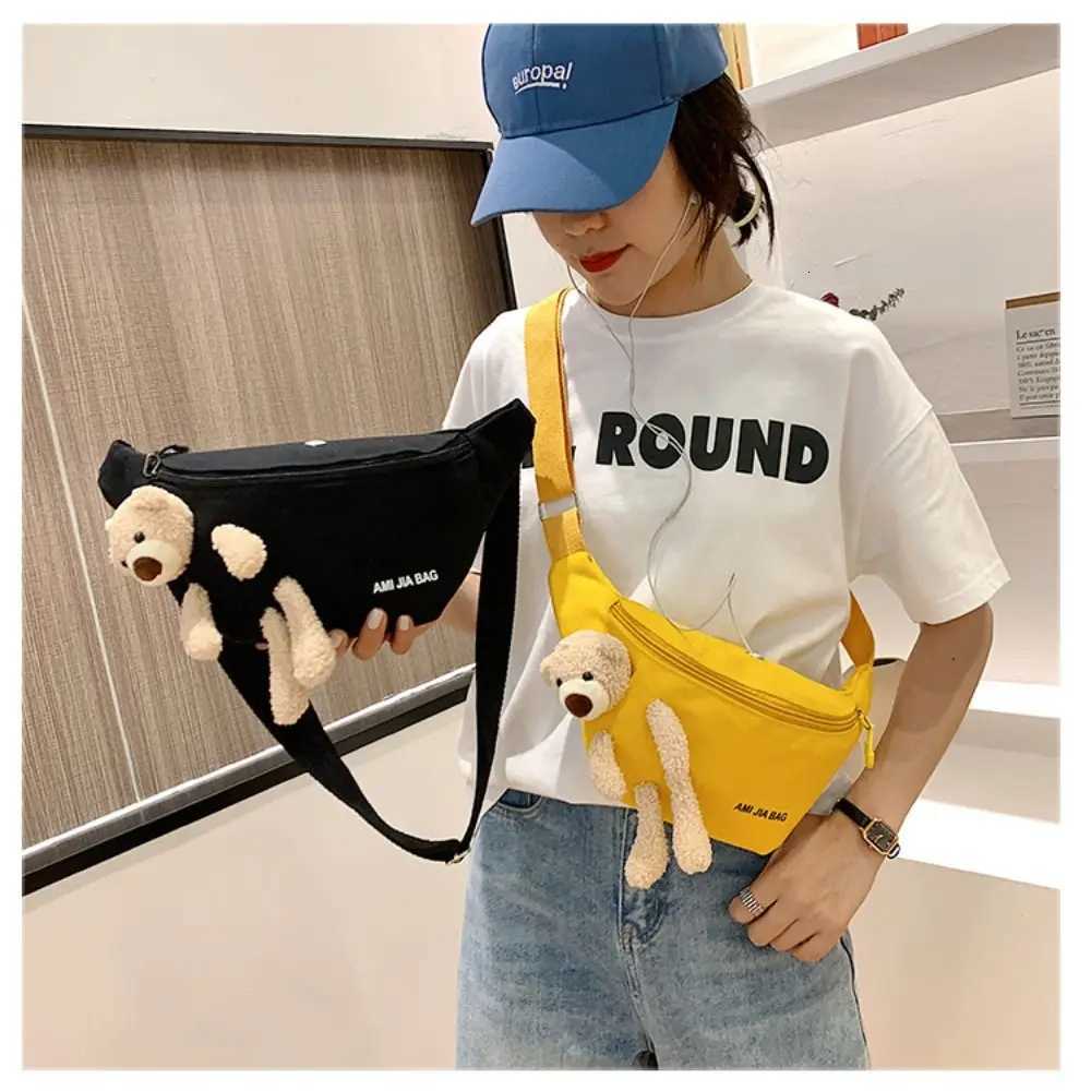 New Womens Cute Bear Waist Bag Canvas Belt Bags Designer Crossbody Chest Bag Female Solid Fanny Pack Banana Hip PurseT251128