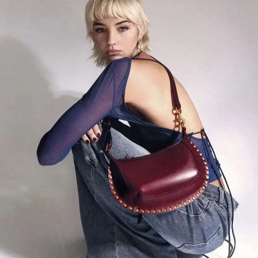 2025 High-Quality Women's Cowhide Half Moon Golden Willow Nail Shoulder Cross Body Gold Classic Retro Y2k Bag