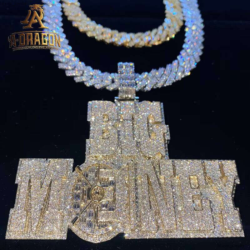 Iced VVS Moissanite Long Stick Coin Design Hip Hop Pendant Men's Cuban Chain