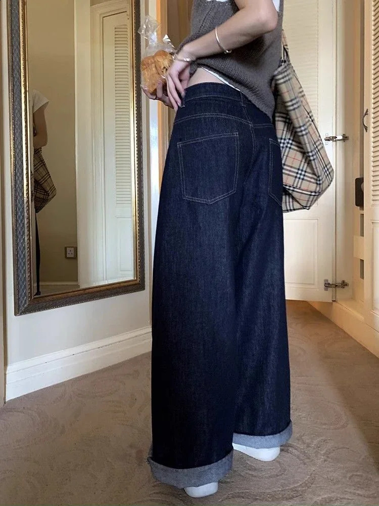 Womens Deep Blue Loose Wide Leg Jeans Street Cool Girls High Waist Pocket Pants Womens Casual Straight Denim Trousers 250422