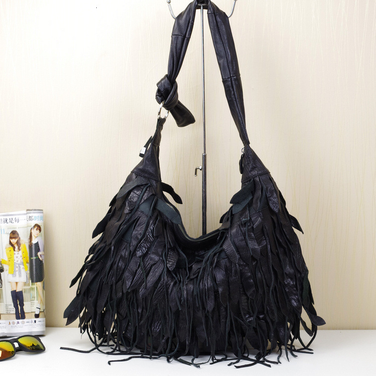 Free Shipping 2025 New Designer Bag New Genuine Leather Soft And Casual Black Striped Tassel Personalized Hobo Shoulder Bag, Sheepskin Women's Ba