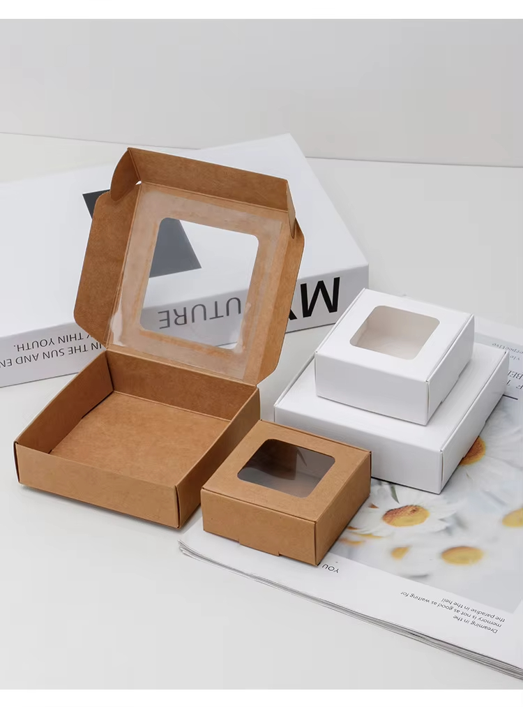 Customized Kraft Paper Box Packaging Square Small Gift Shipping Box Brown Corrugated for Soap Transparent Window With Your Logo