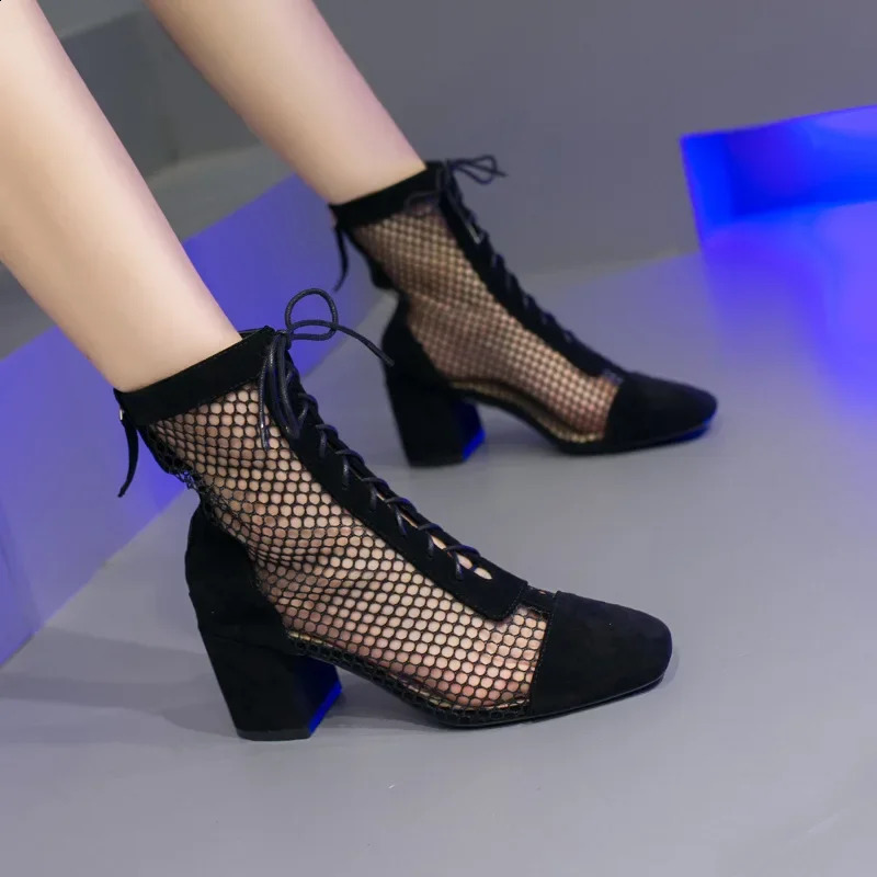 Knee High Boots for Women Summer Chunky Heel Breathable Shoes Ladies High Hollow Roman Mesh Boots Chelsea Boots250418bj