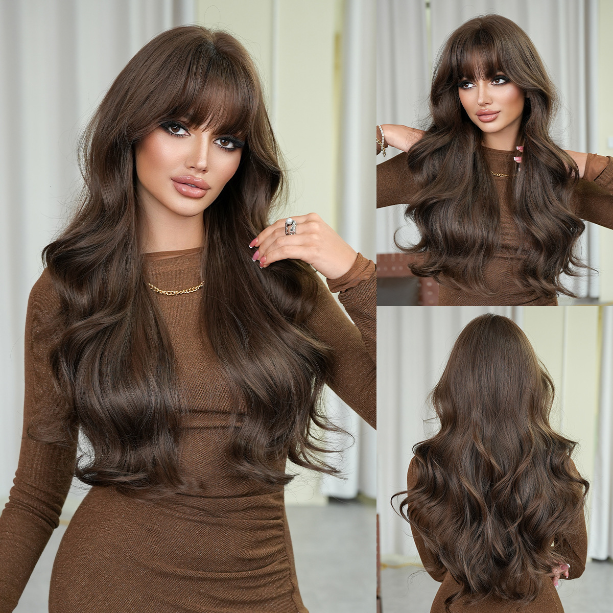 brown Honey wig for women with big waves long curly hair neat bangs fluffy whole top natural simulated hair full head cover