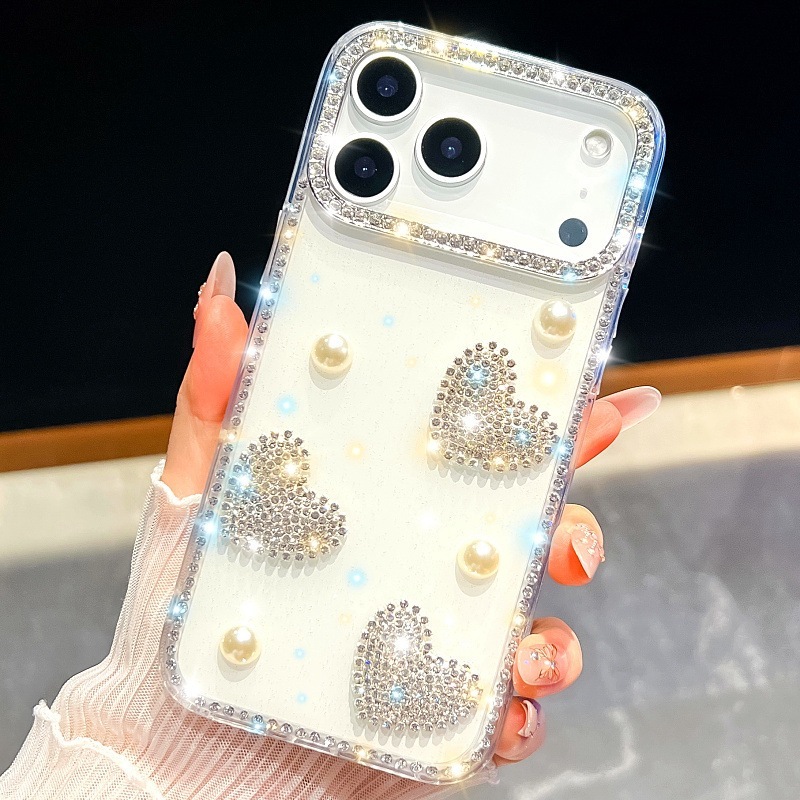 Sparkling Diamond Rhinestone Heart Phone Case iPhone 17 Pro Max Compatible with Apple 16/15 Pro Girly Style Trendy