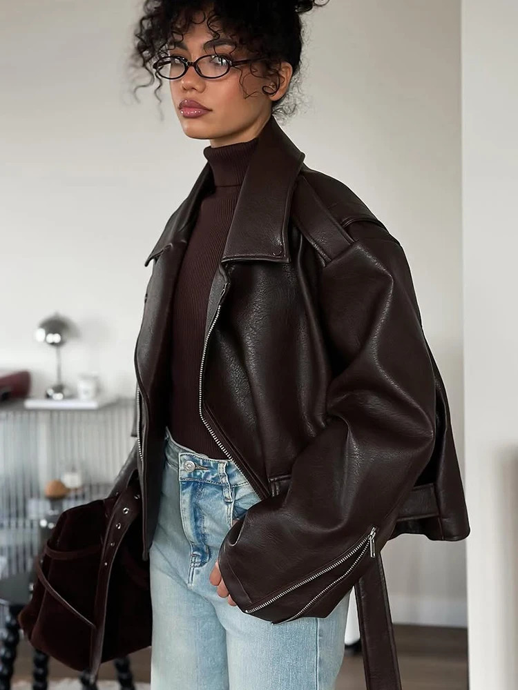 Casual Dark Red Zipper Leather Short Jacket Long Sleeve Lace Up Lapel Loose Button Coat Lady Daily High Street Wear 2025 251126