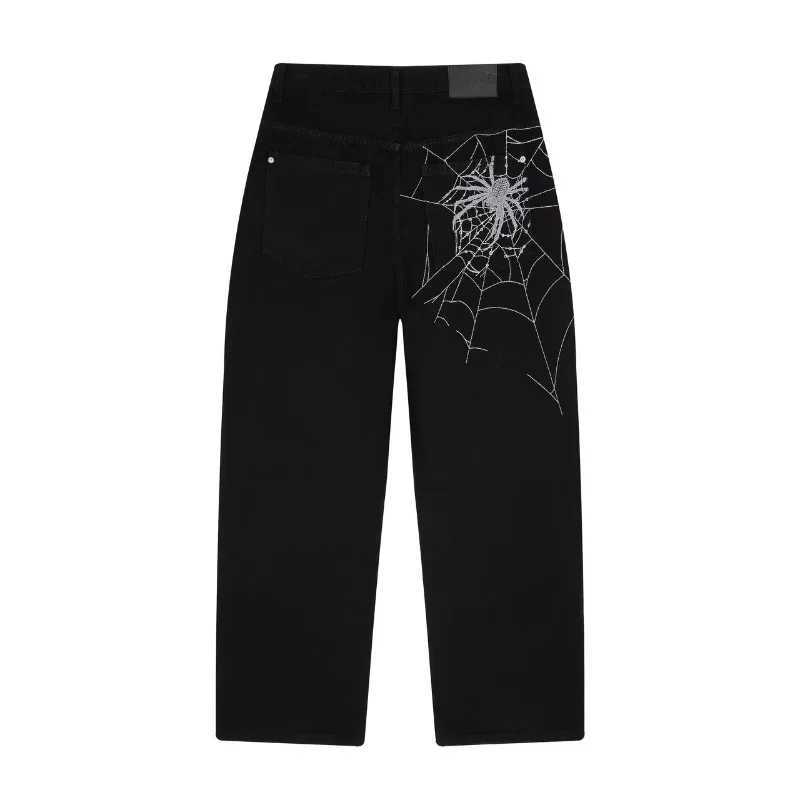 Y2K man jeans vintage Spider web embroidery vintage pattern wide leg pants American style street wear Rock Hip Hop Denim jeans L251127