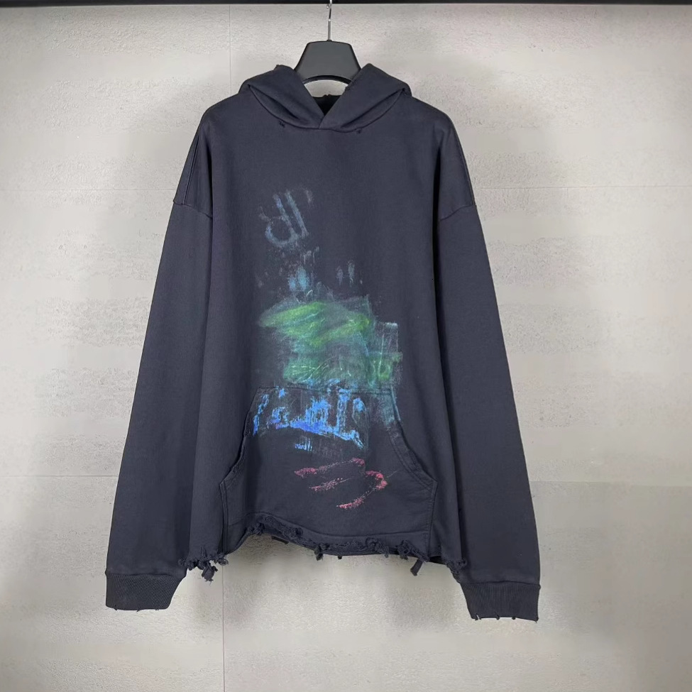 Desginer Balenciaagas Hoodie High Version Paris 2025 New Model Blurry Pattern Washed Away Damaged Worn Hem Hooded Sweatshirt Trendy