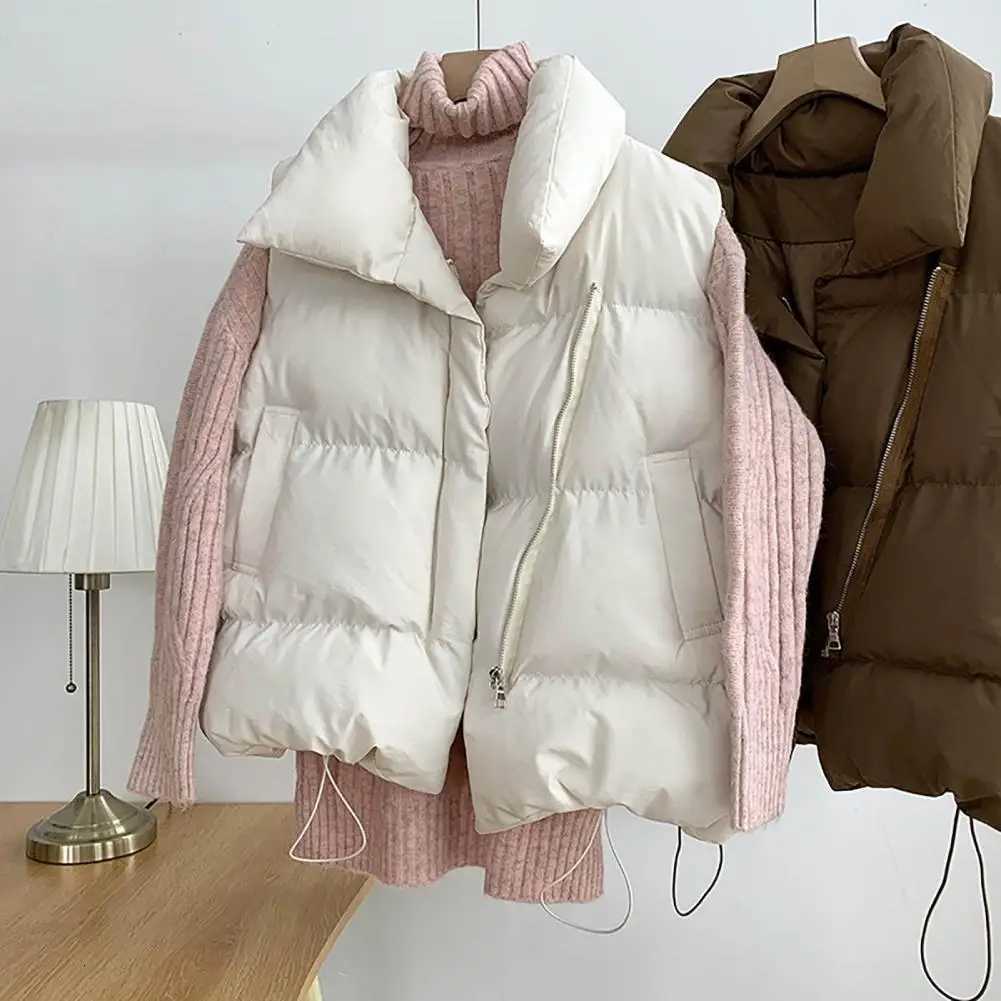 Comfy Simple Solid Color Stand Collar Winter Cotton Puffer Vest Versatile Padded Puffer Drawstring Hem Female ClothingT251128