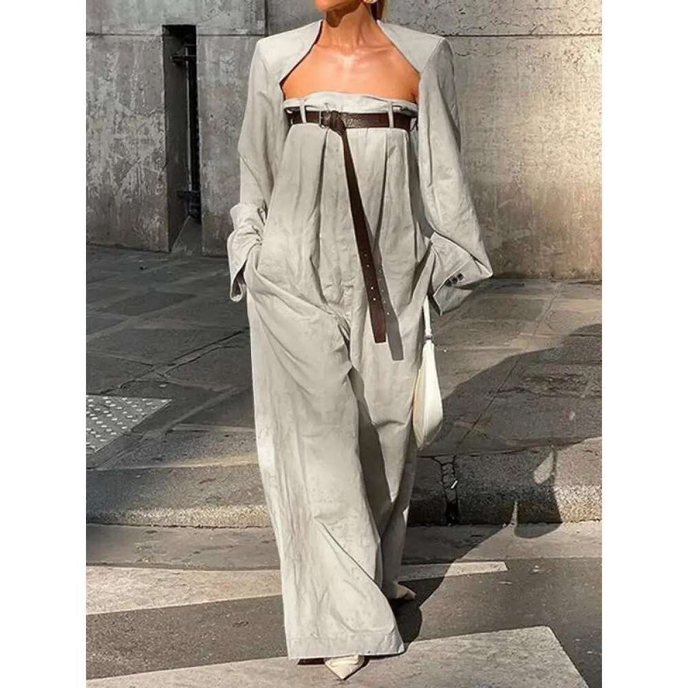 Yeezzi 2024 New Female Fashion Long Sleeves Collarless Outerwear Tops & Strapless Wide Leg Tube Belted Jumpsuits Two Pieces Sets