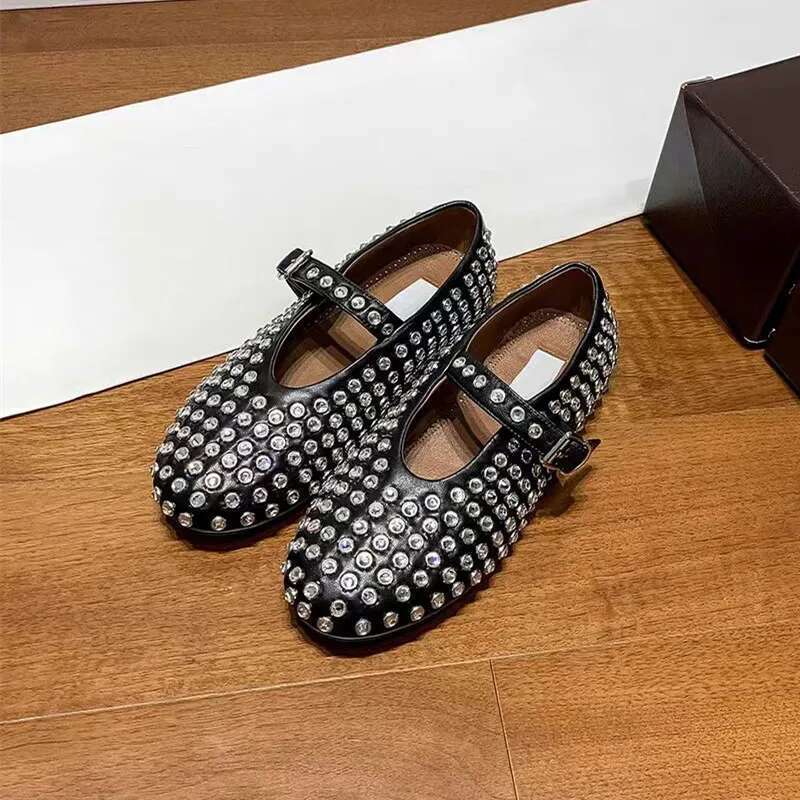 Round Headed Mesh Flat Bottomed Ballet shoes With A Button, Women's Rhinestone Rivets, Hollowed Out Mary Jane Single Shoe
