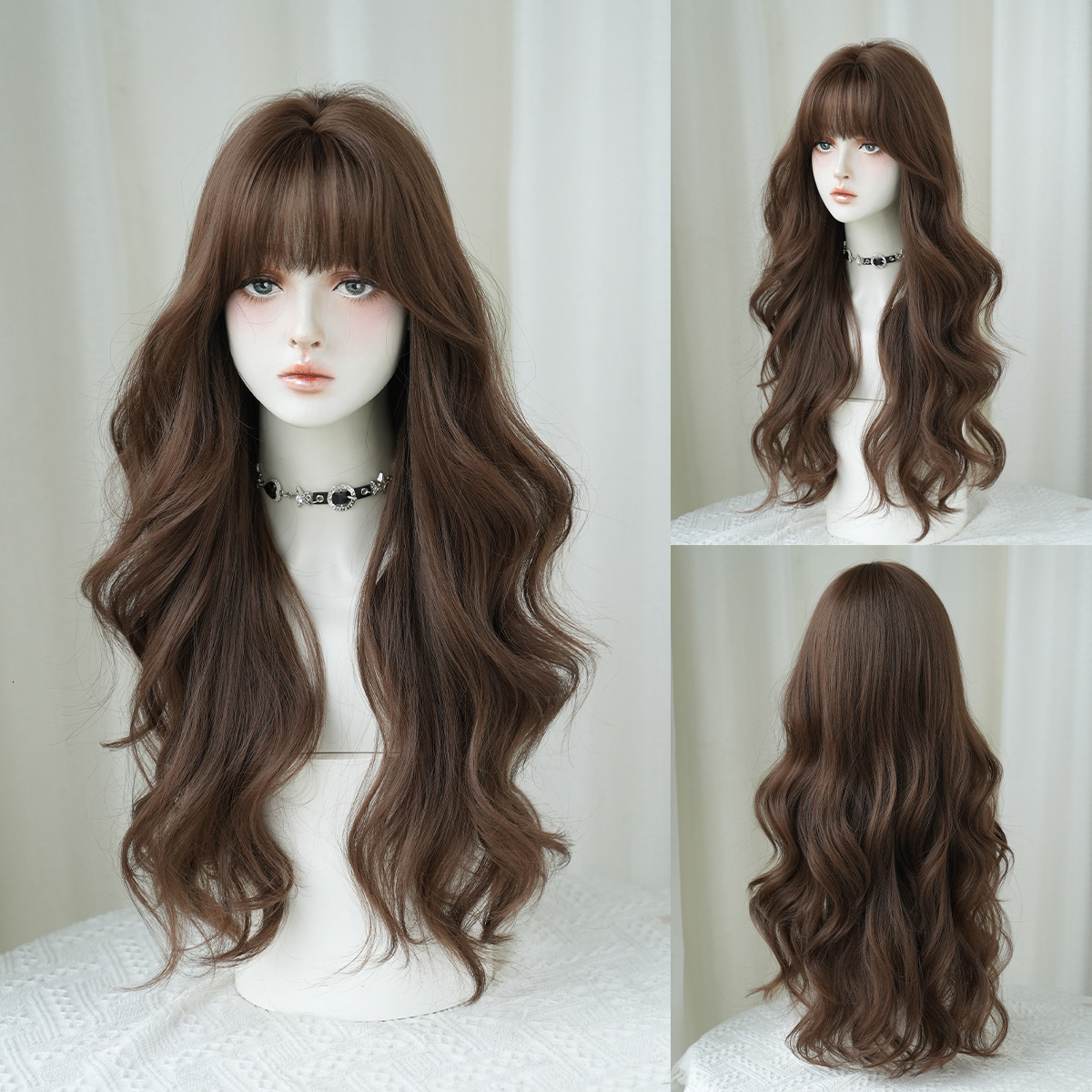 brown Honey wig for women with big waves long curly hair neat bangs fluffy whole top natural simulated hair full head cover